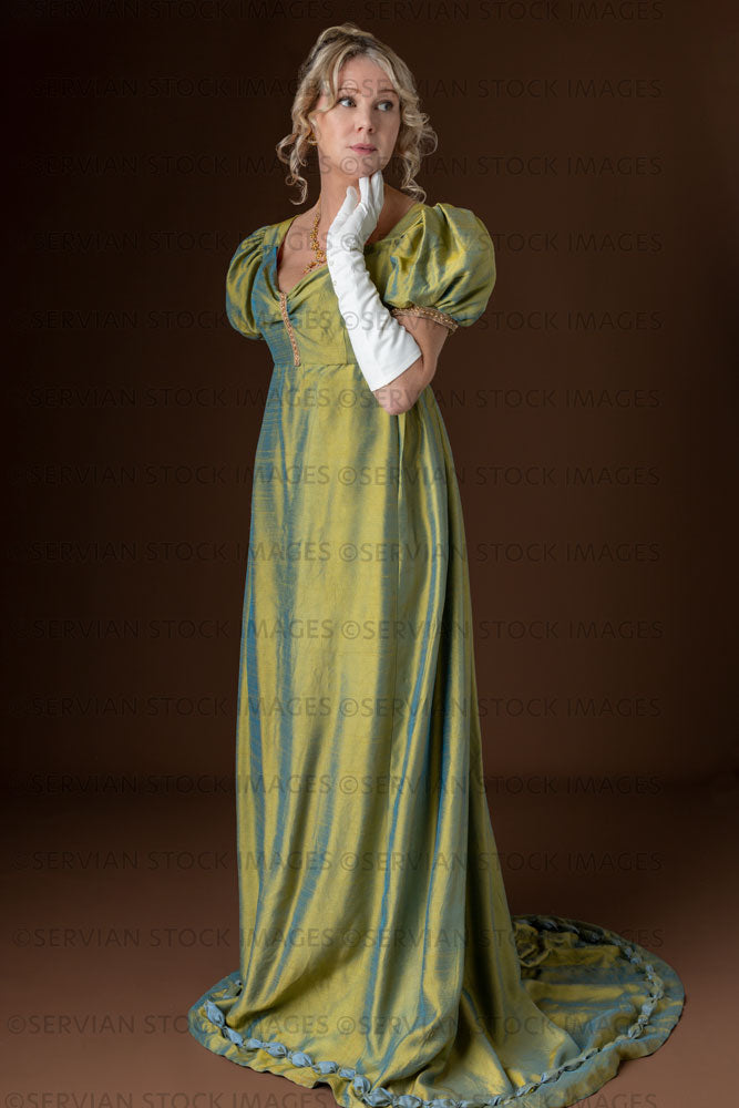 Regency woman wearing a green shot silk evening dress (Sherilyn 2624)