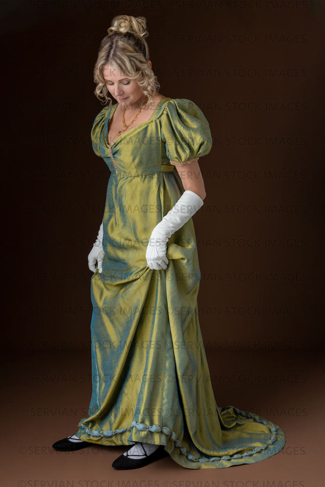Regency woman wearing a green shot silk evening dress (Sherilyn 2626)