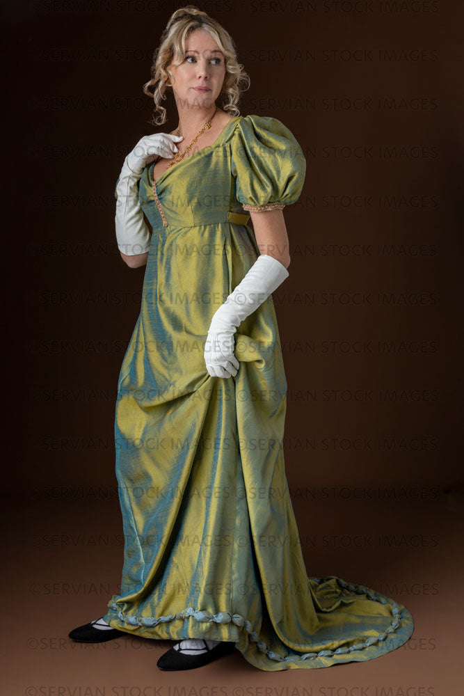 Regency woman wearing a green shot silk evening dress (Sherilyn 2629)