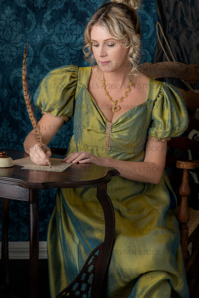 Regency woman wearing a green shot silk evening dress (Sherilyn 2650)