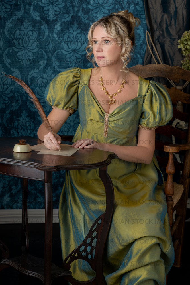 Regency woman wearing a green shot silk evening dress (Sherilyn 2651)