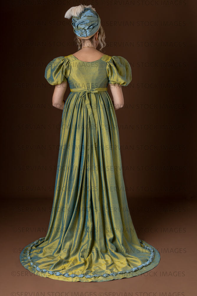 green regency dress woman wearing a shot silk and turban (Sherilyn 270 – Servian Stock Images Color:E83 SHEIN Lady 2025 New gathered by contrasting fabric NOWRUZ26EXL
