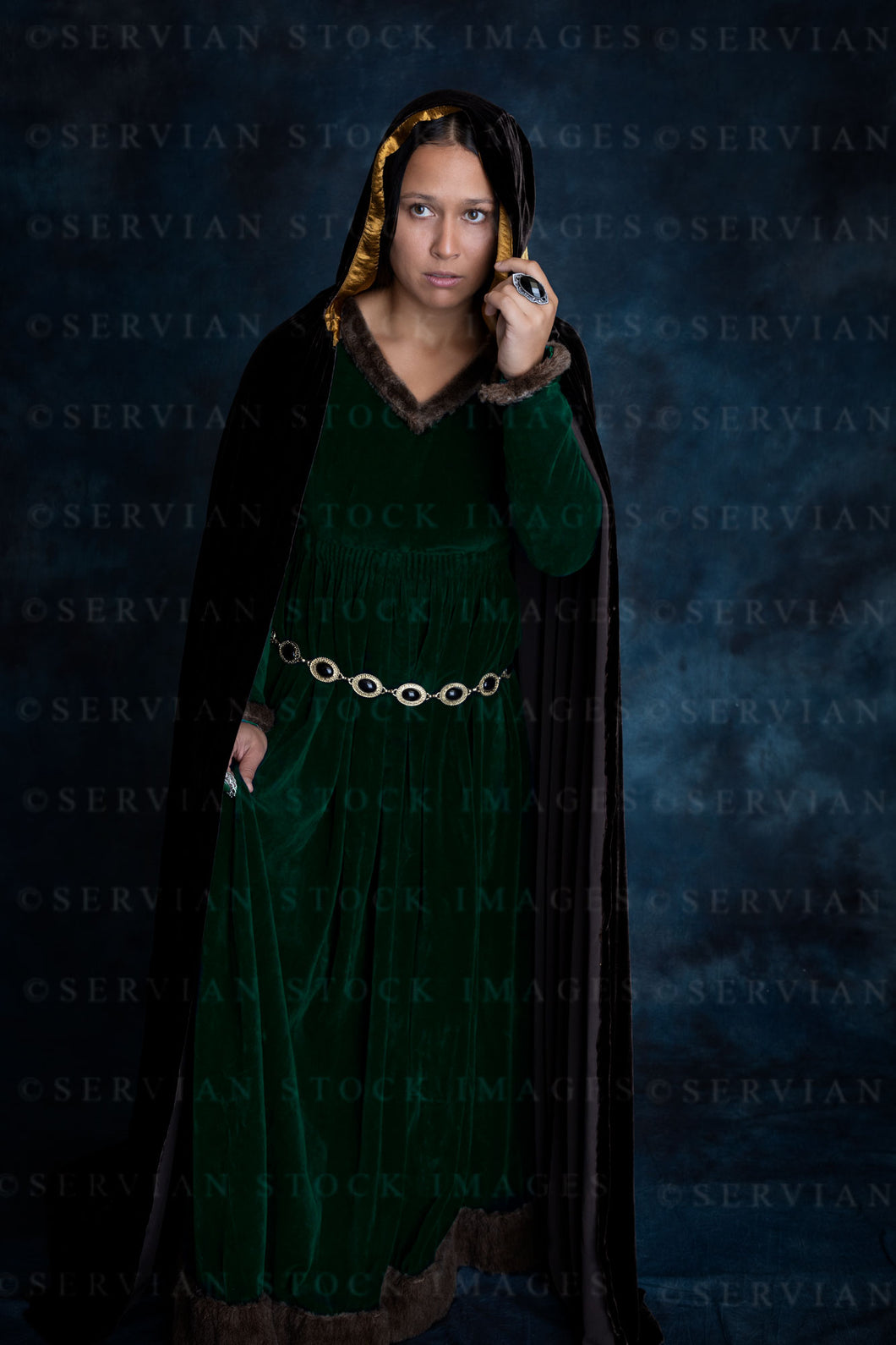 Medieval or high fantasy woman wearing a velvet dress and cloak (Sylvia 3269)