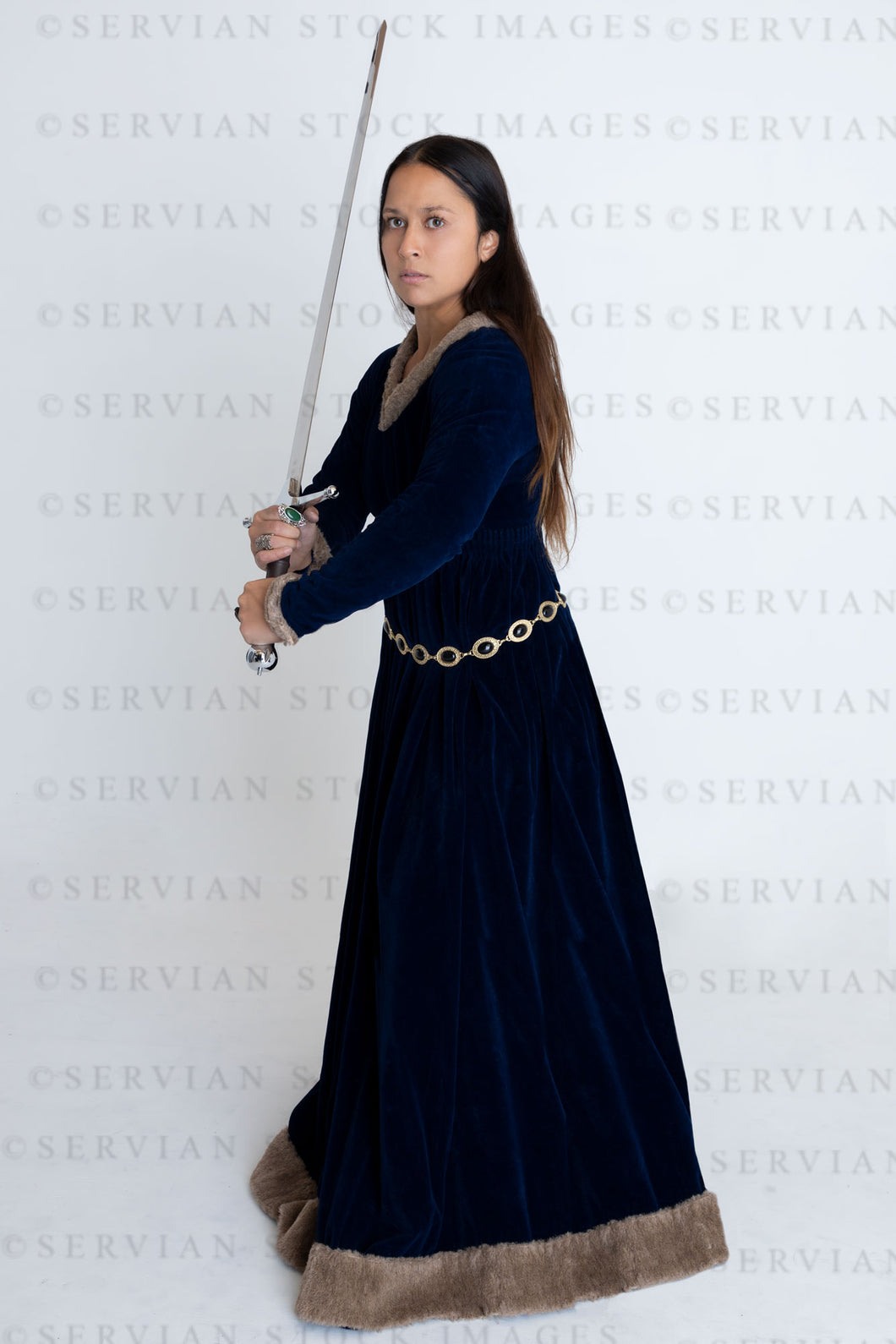 Medieval or high fantasy woman wearing a velvet dress and holding a sword (Sylvia 3304)