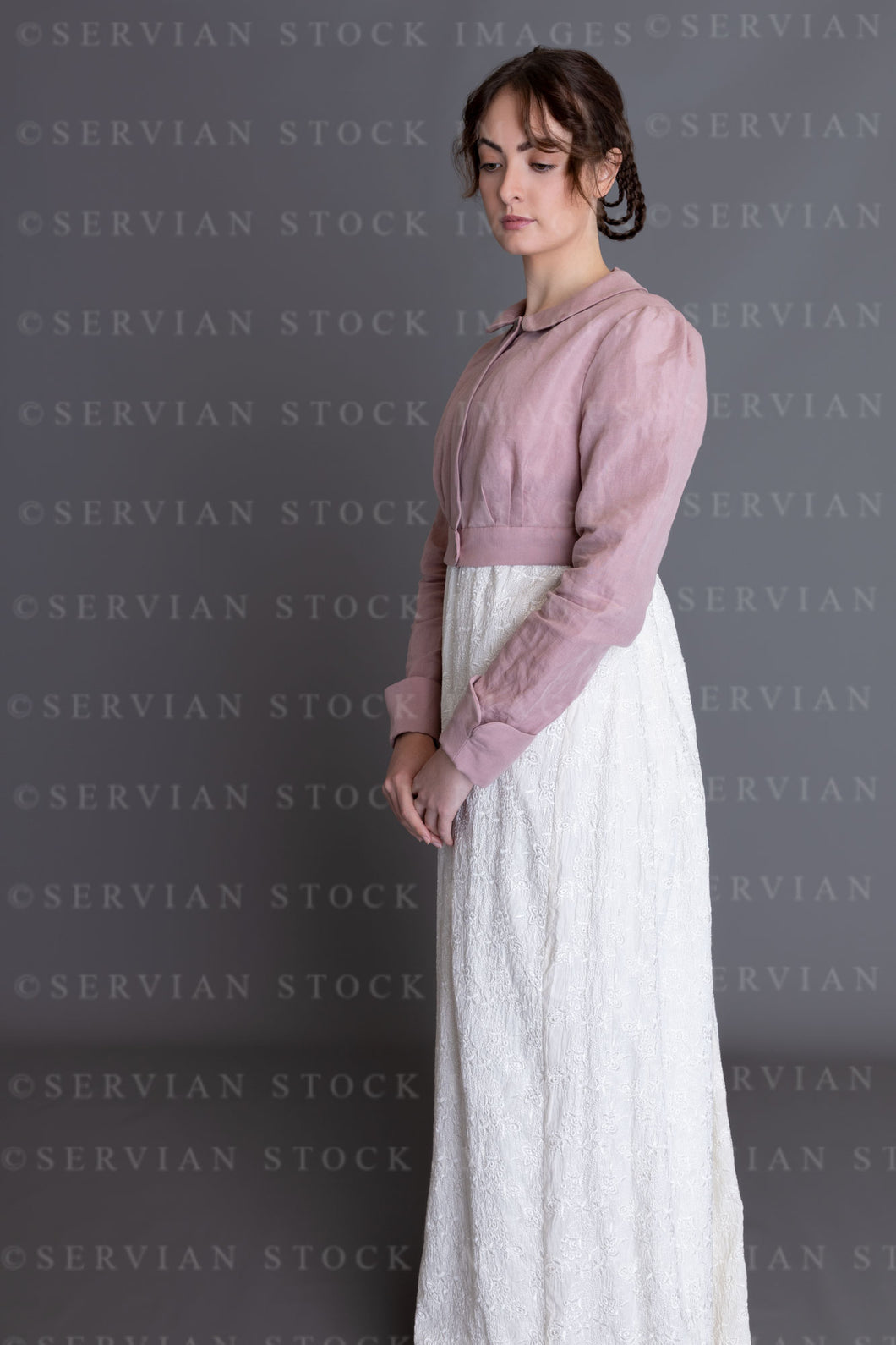 Regency woman in a cream embroidered dress and pink linen short spencer (Clarese 3453)