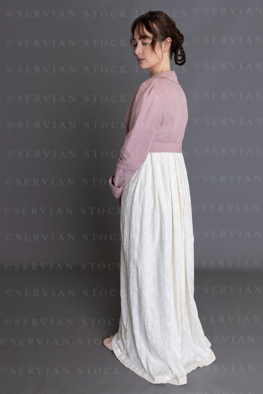 Regency woman in a cream embroidered dress and pink linen short spencer (Clarese 3458)