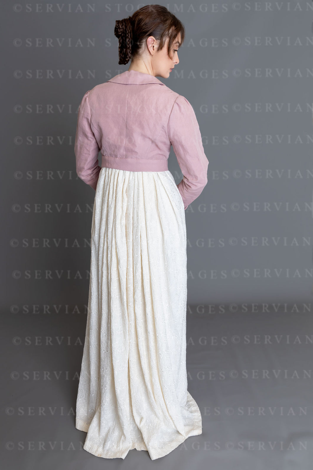 Regency woman in a cream embroidered dress and pink linen short spencer (Clarese 3475)