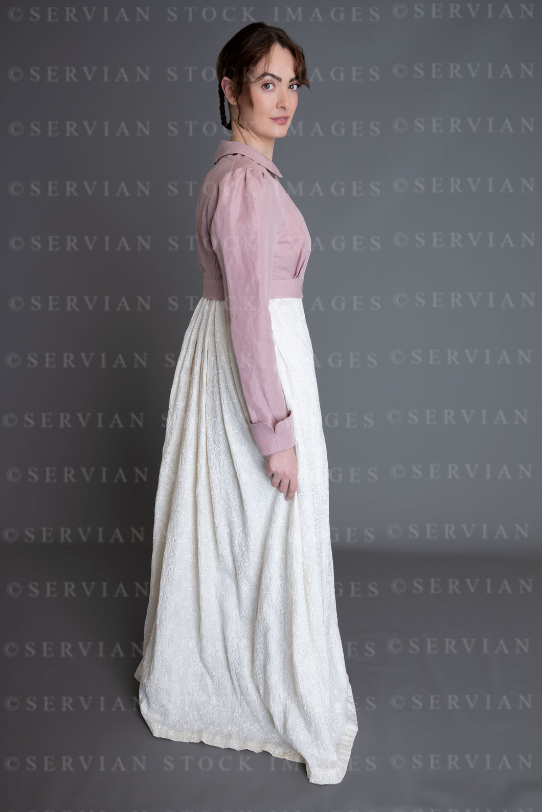 Regency woman in a cream embroidered dress and pink linen short spencer (Clarese 3480)