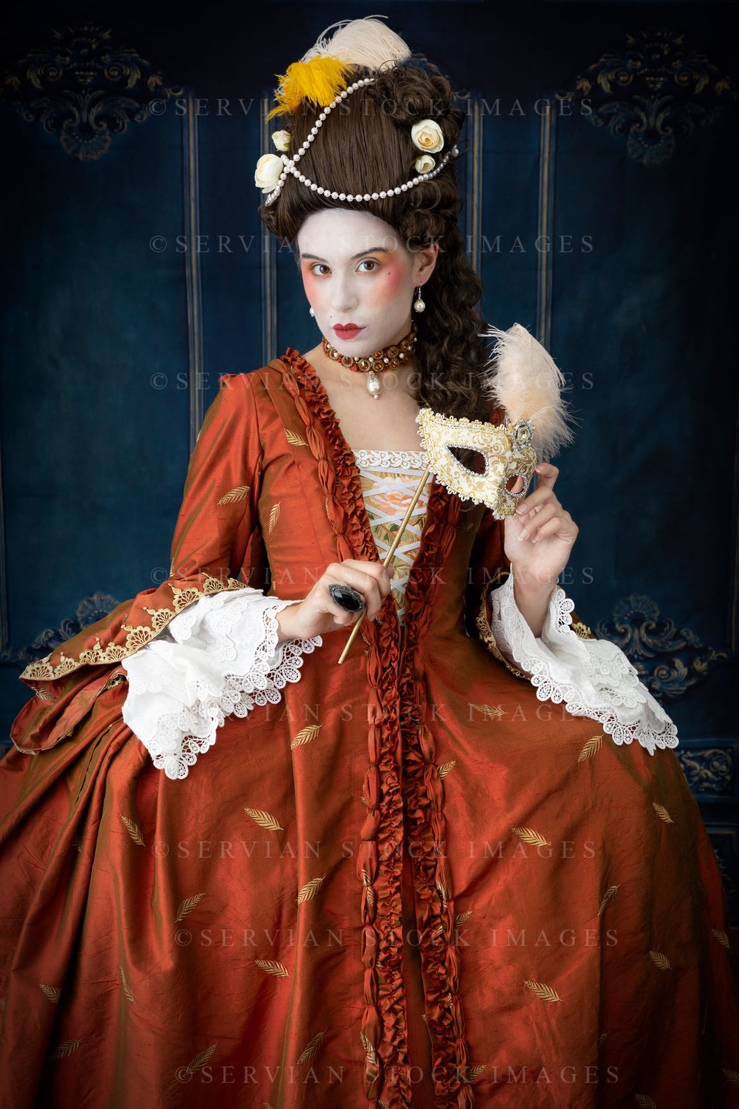 Georgian woman in an embroidered silk Robe a la Française and dark wig with feathers and pearls (Sarah 3837)