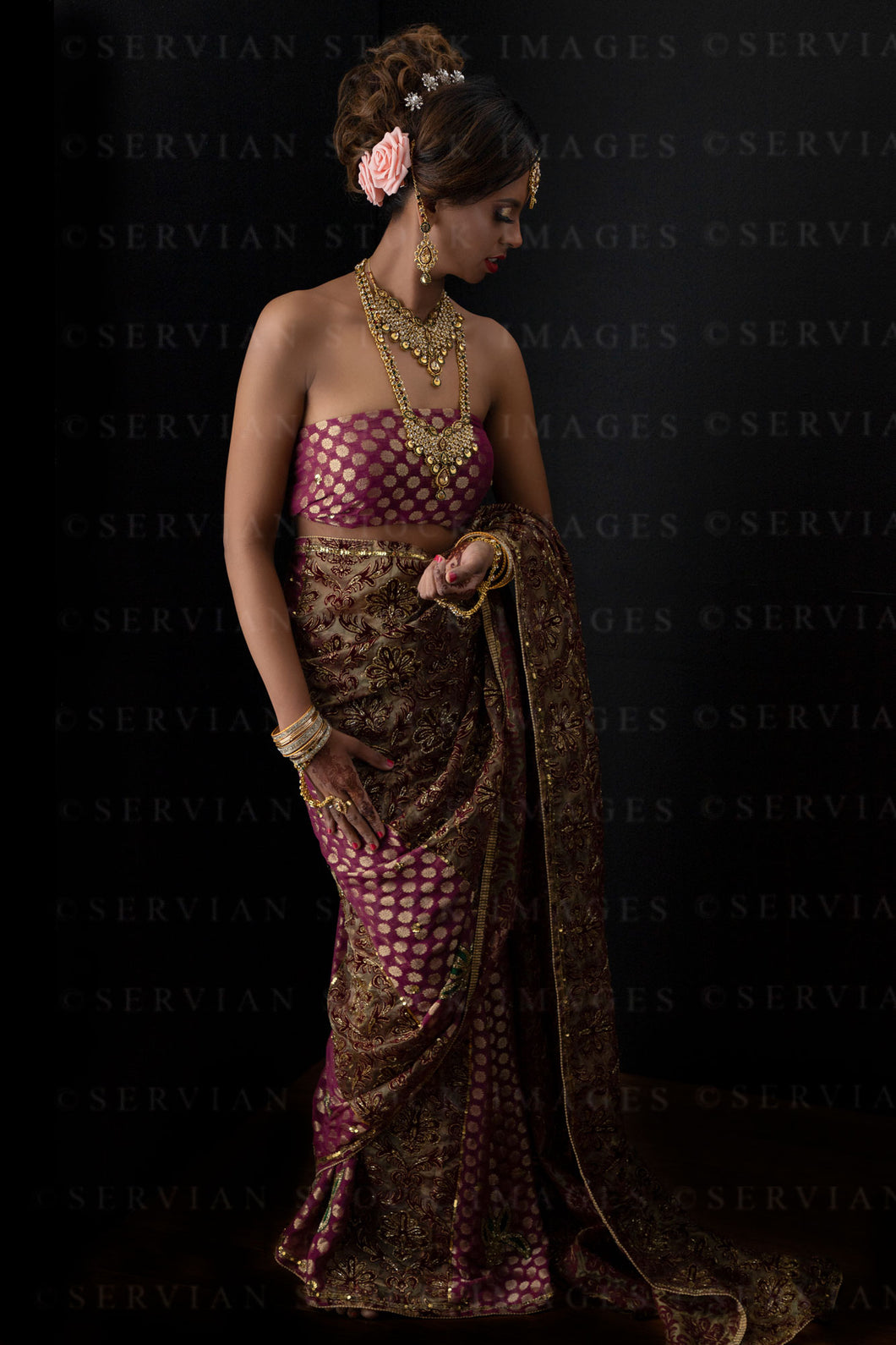 Woman wearing a sari and gold jewellery against a black backdrop (Shelaila 4340)