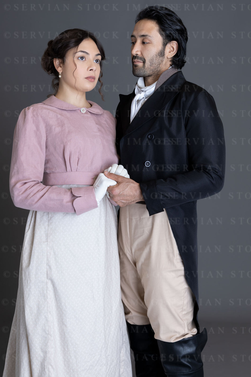 Regency couple against a grey backdrop (Sophia and Ramzi 4391)