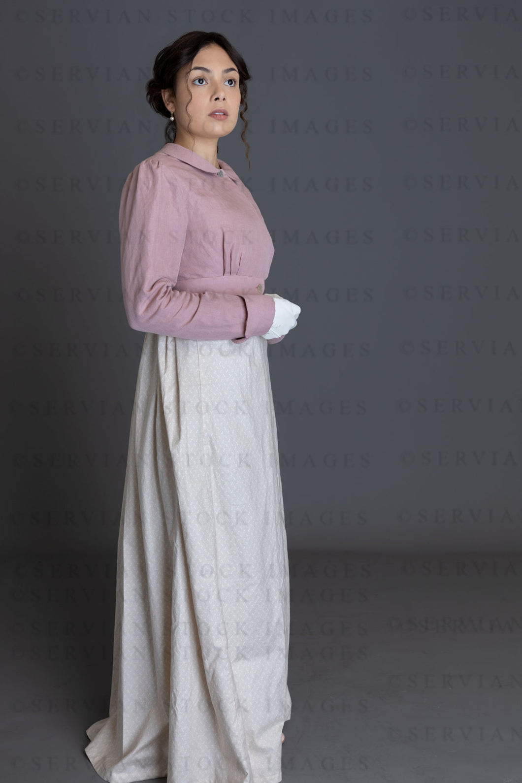 Regency woman in a printed cotton dress and linen short spencer (Sophia 4435)