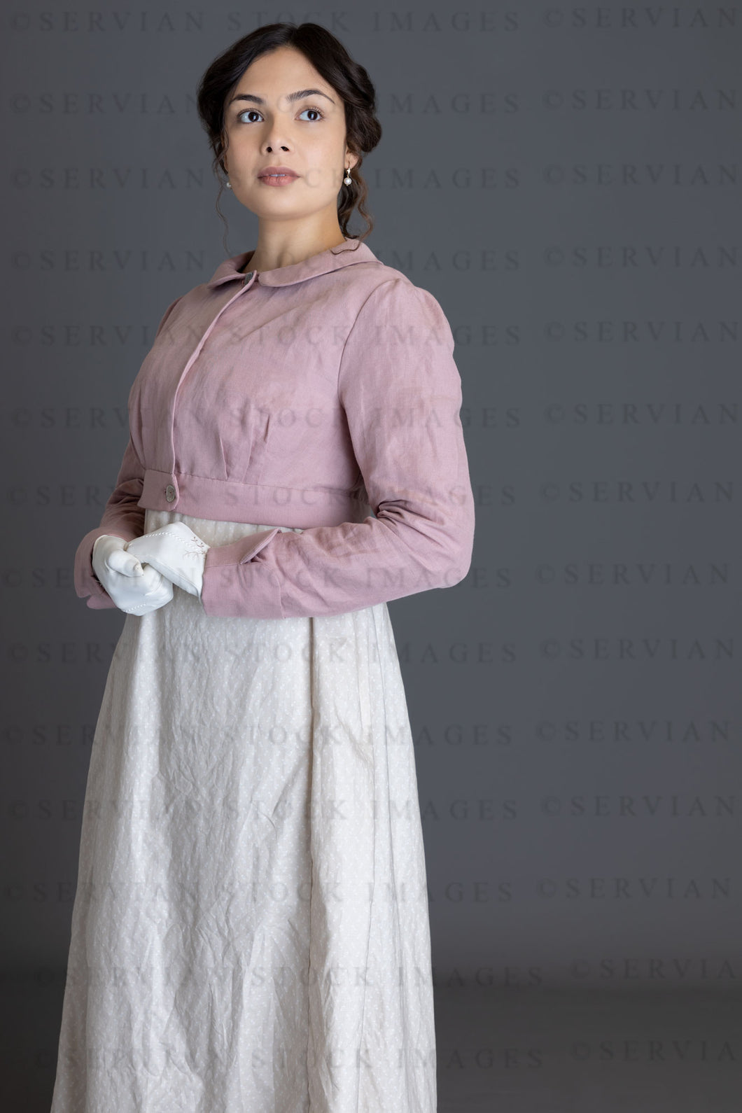 Regency woman in a printed cotton dress and linen short spencer (Sophia 4448)