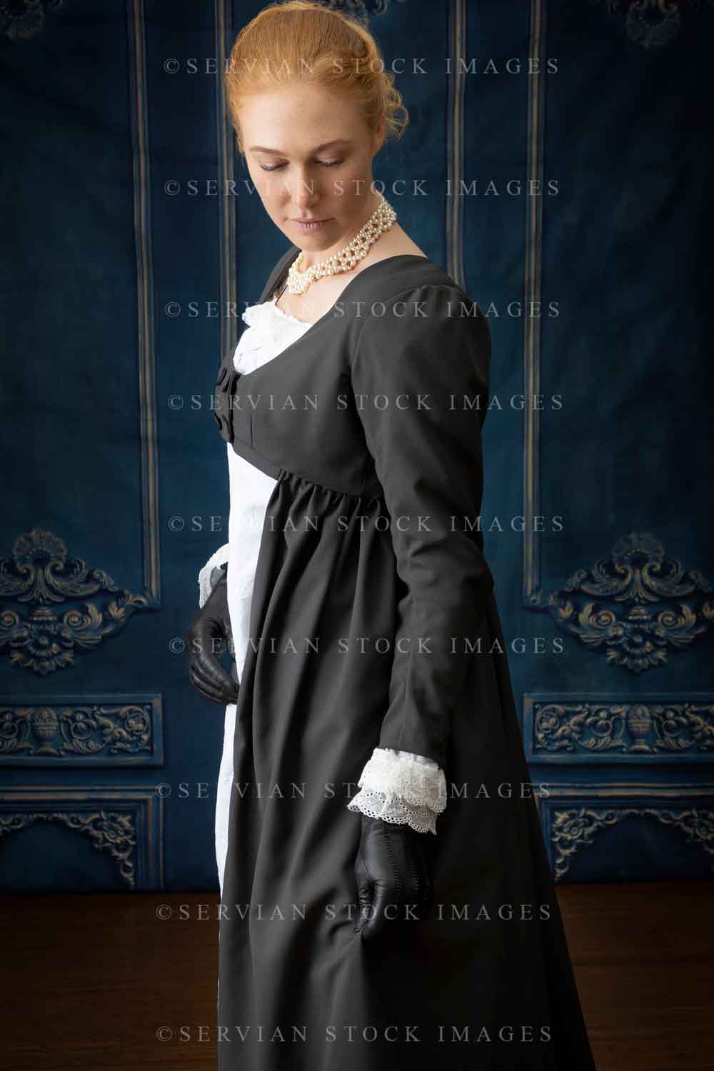 Regency woman in white muslin dress with a spencer on top (Lauren 4503)