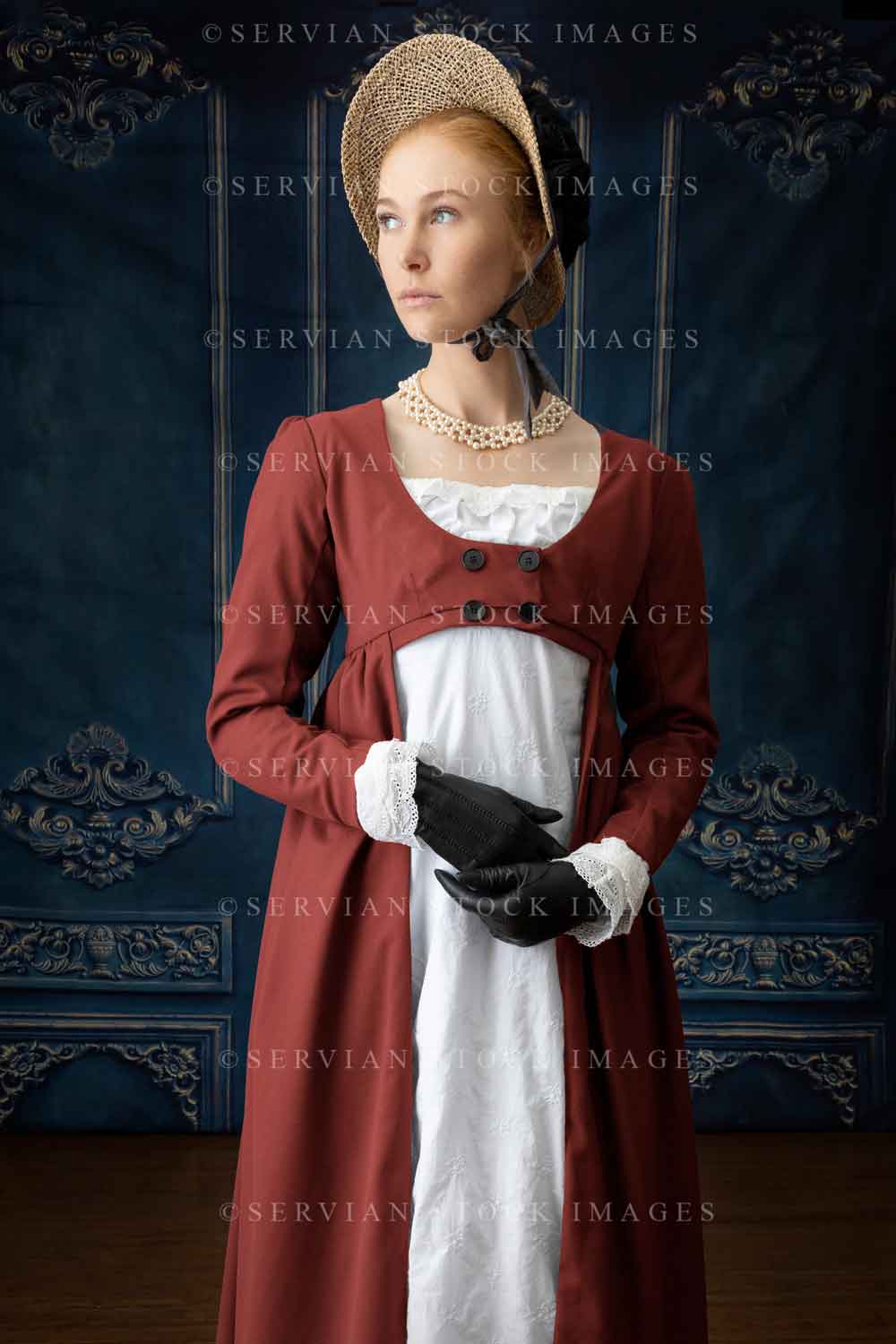 Regency woman in white muslin dress with a spencer on top (Lauren 4519)