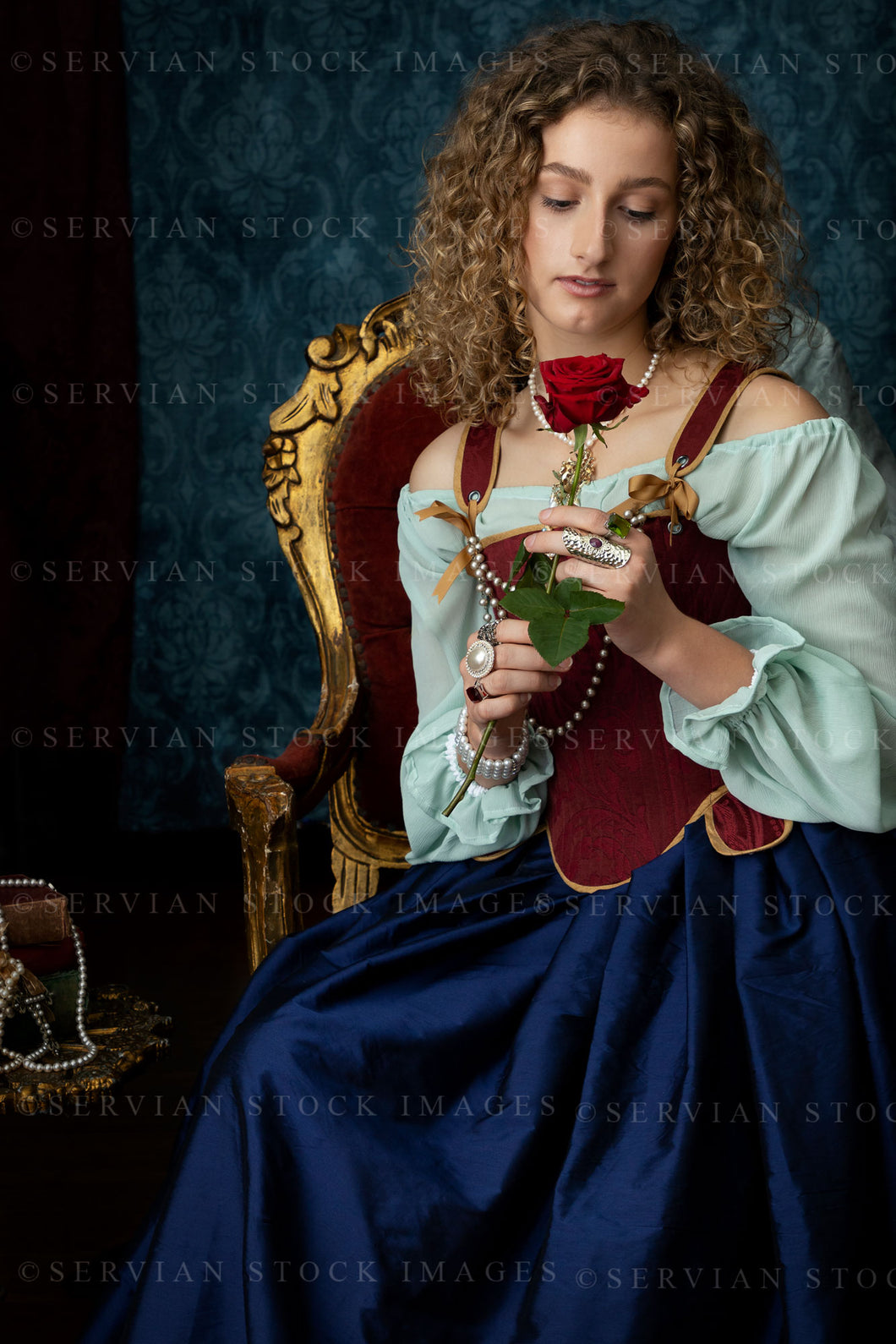 Renaissance or Georgian woman in a red brocade corset and blue silk skirt (Sav 5122)