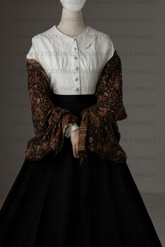 Mannequin with human hands wearing a Victorian Garibaldi blouse and black skirt (add your own human head)  (Quinn  5506)