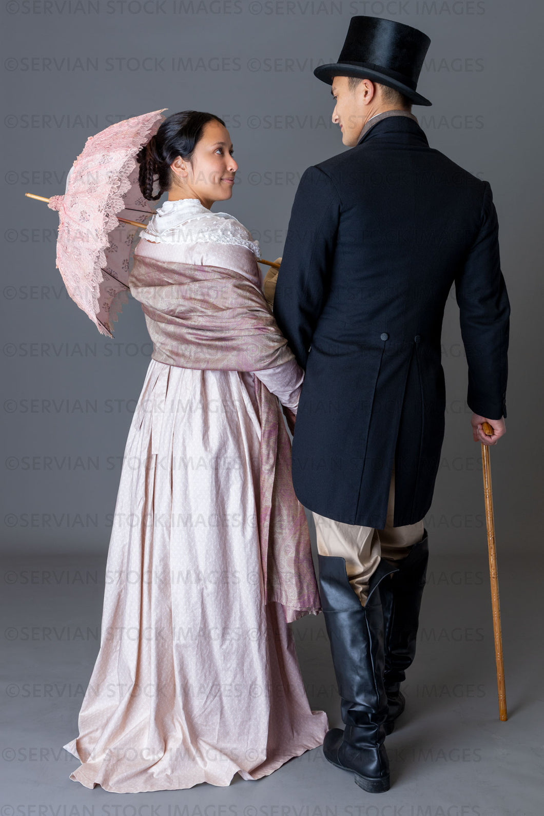 Regency couple against a grey backdrop (Sylvia and Lukas 5875)