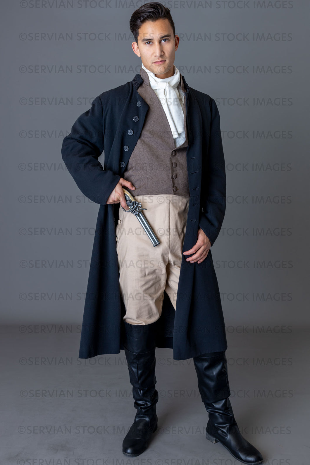 Regency gentleman holding a pistol against a grey backdrop (Lukas 5909)