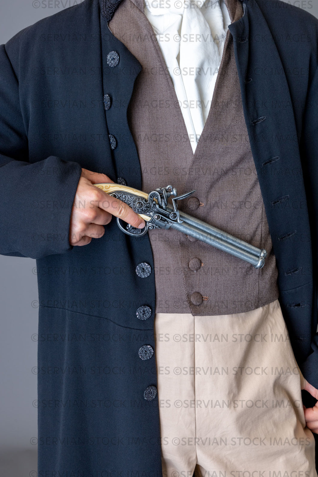Regency gentleman holding a pistol against a grey backdrop (Lukas 5914)