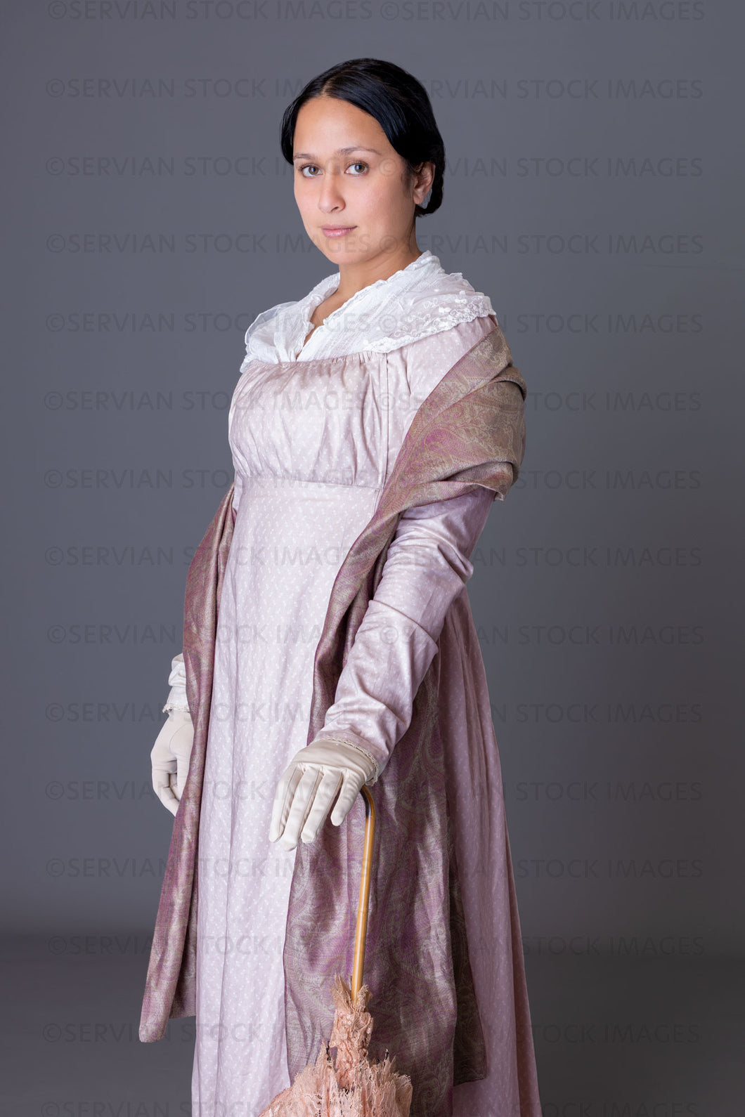 Regency woman wearing a cotton dress with a lace modesty shawl (Sylvia 5918)