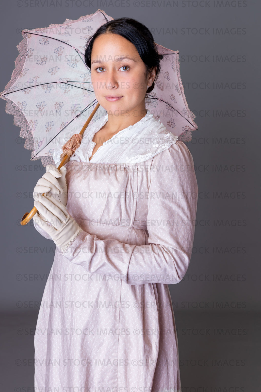 Regency woman wearing a cotton dress with a lace modesty shawl (Sylvia 5932)