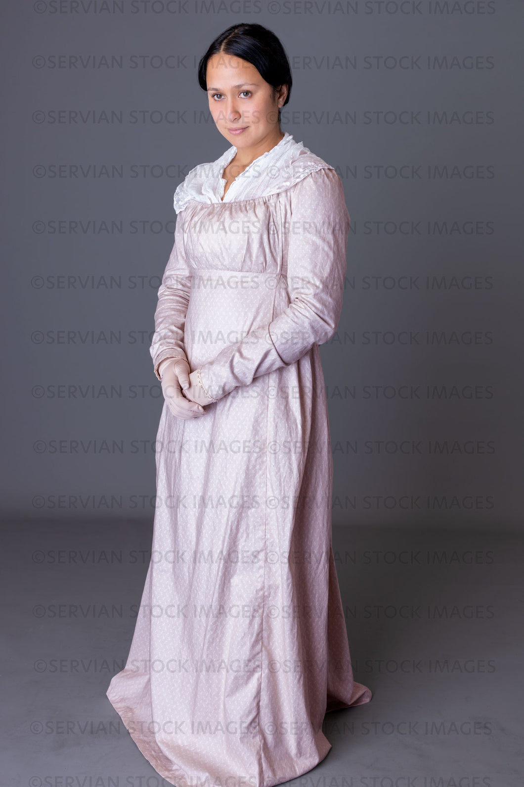 Regency woman wearing a cotton dress with a lace modesty shawl (Sylvia 5934)