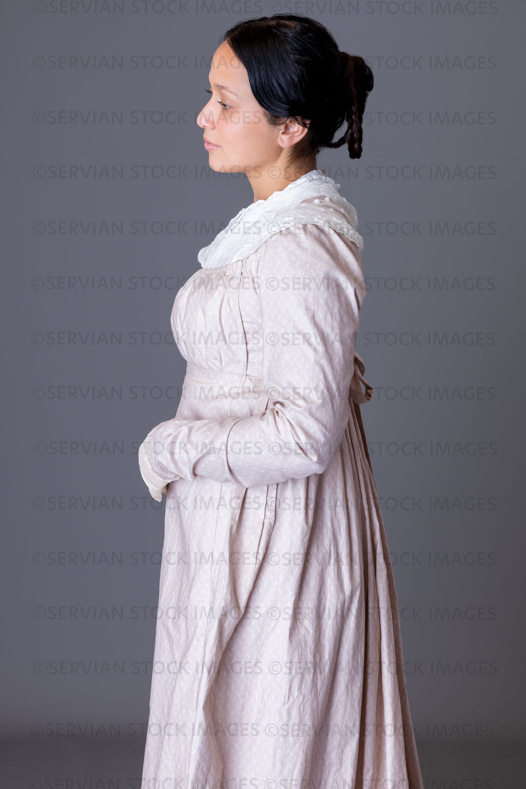 Regency woman wearing a cotton dress with a lace modesty shawl (Sylvia 5940)