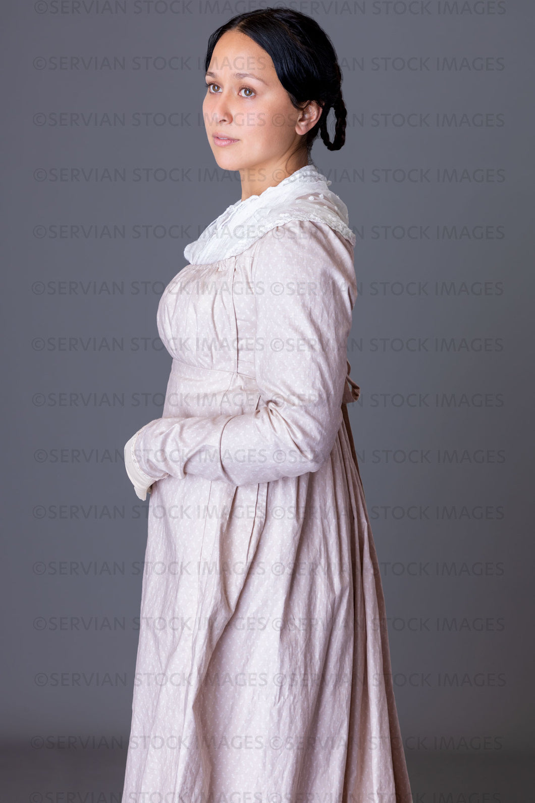 Regency woman wearing a cotton dress with a lace modesty shawl (Sylvia 5943)