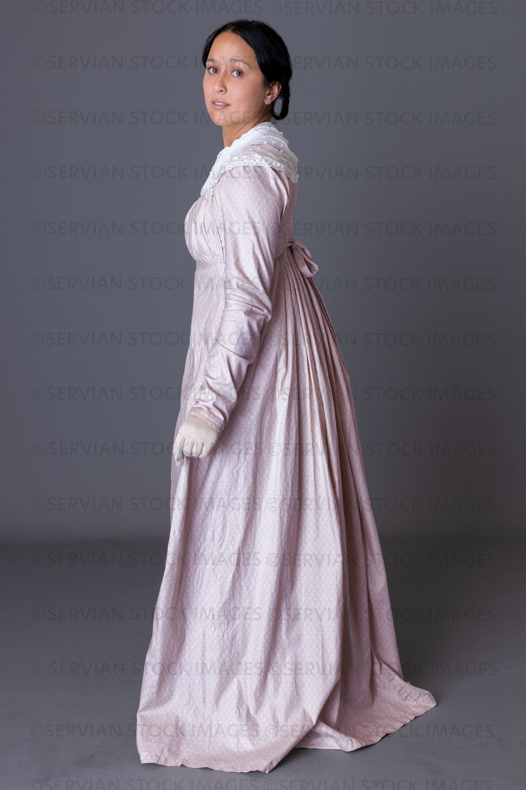 Regency woman wearing a cotton dress with a lace modesty shawl (Sylvia 5949)
