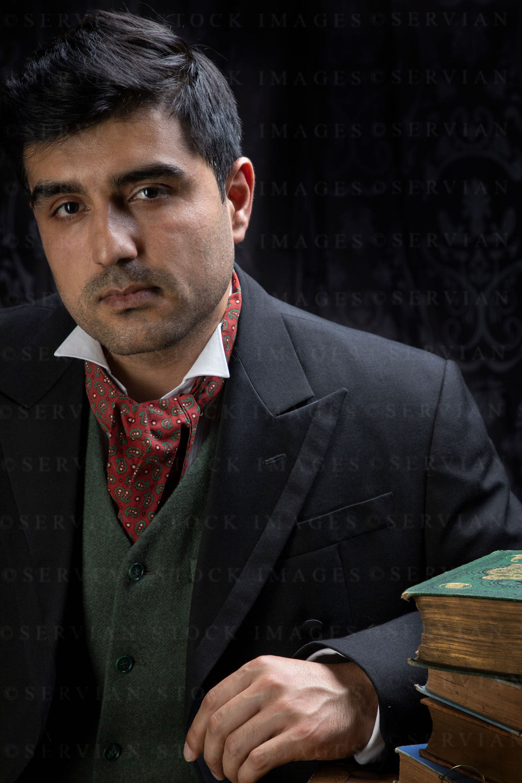 Victorian gentleman wearing a green waistcoat and red cravat (Mansoor 6024)