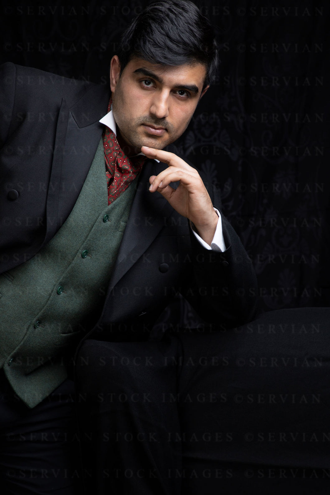 Victorian gentleman wearing a green waistcoat and red cravat (Mansoor 6047)