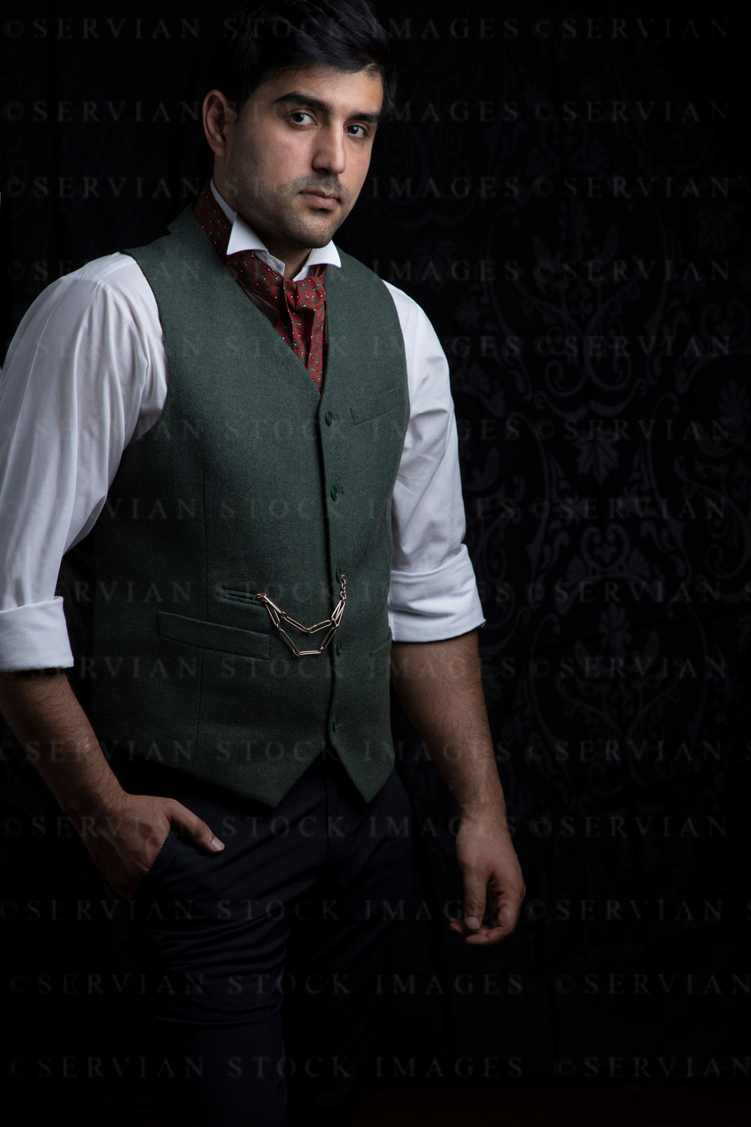 Victorian gentleman wearing a green waistcoat and red cravat (Mansoor 6086)