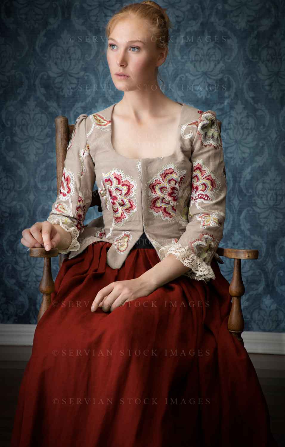 Renaissance or Georgian woman in an embroidered bodice and red skirt (Lauren 7310)