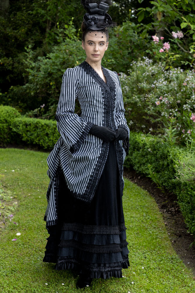 Victorian woman in a striped silk 1870s bustle ensemble  (Sarah 8734)