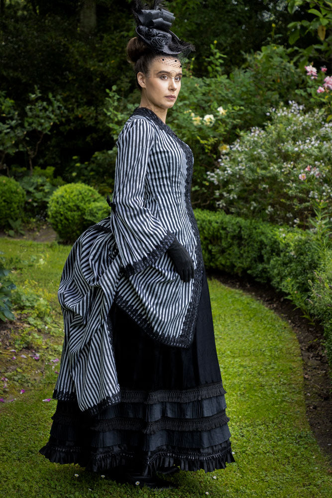 Victorian woman in a striped silk 1870s bustle ensemble  (Sarah 8741)