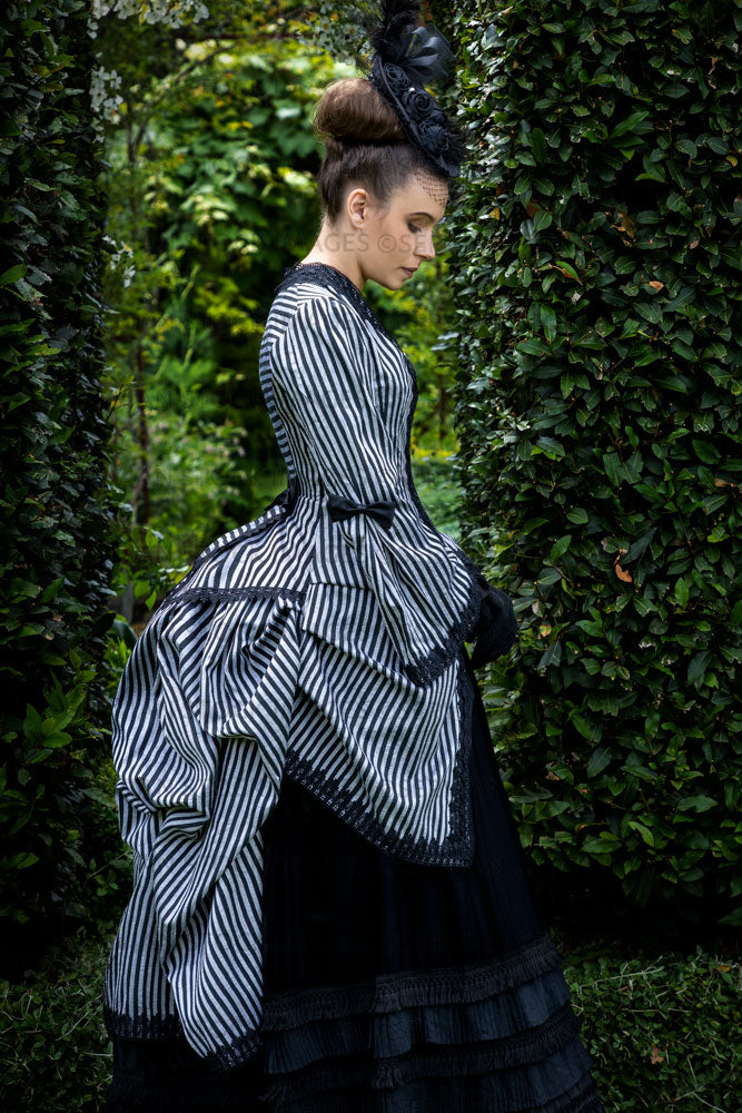 Victorian woman in a striped silk 1870s bustle ensemble  (Sarah 8766)
