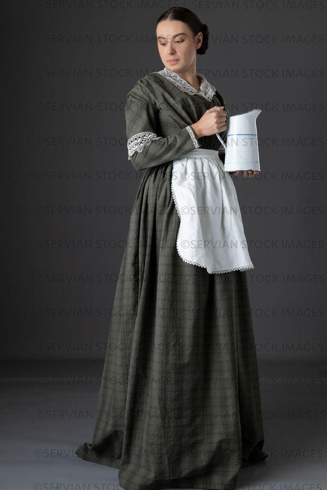Victorian working class woman in dark green bodice and skirt (Sarah 1174)