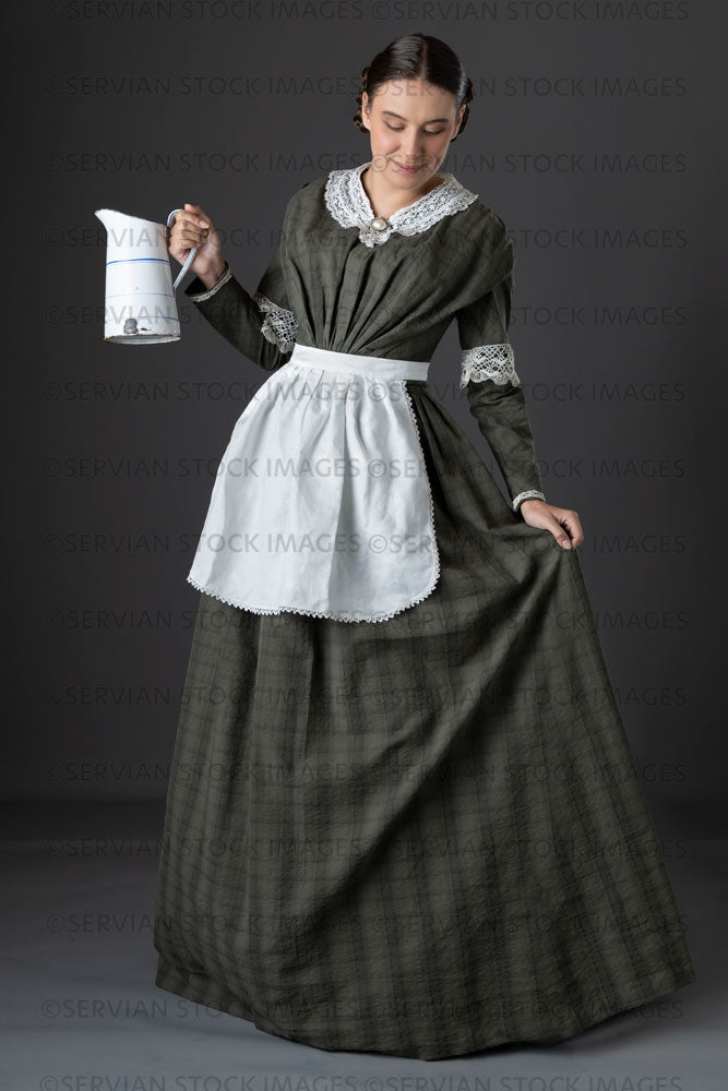 Victorian working class woman in dark green bodice and skirt (Sarah 1184)